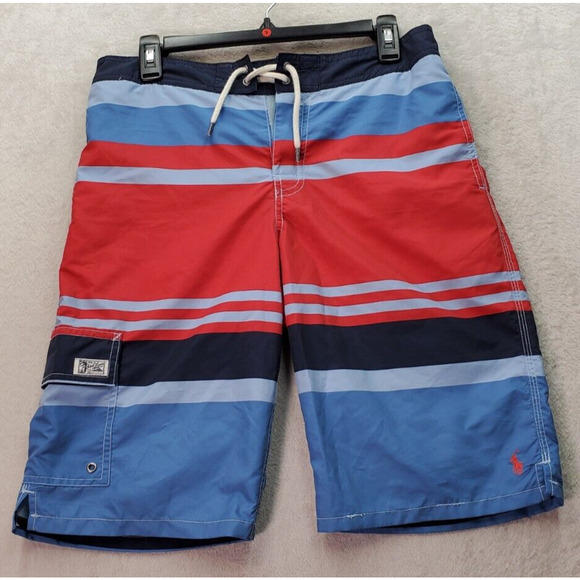 Polo Ralph Lauren Swim Shorts‎ Men's Red Blue Striped Lined Slit Logo Drawstring - Picture 1 of 6